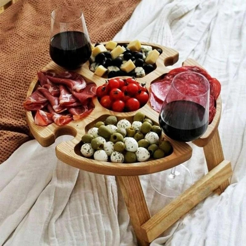 طاولة طعام قابلة للطي خشبية مستديرة مع حامل اكواب زجاجية